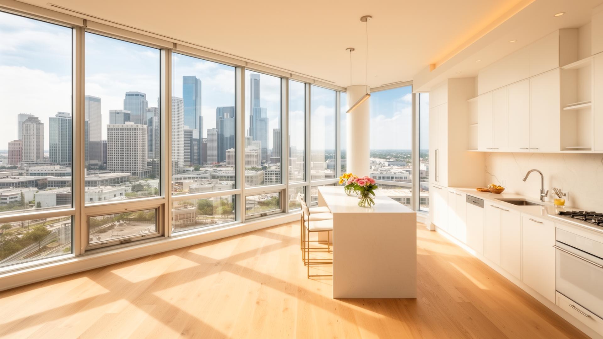 Luxury Houston high-rise apartment interior with skyline view